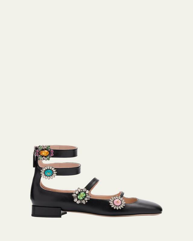Leather Jewel Four-Strap Ballerina Flats
